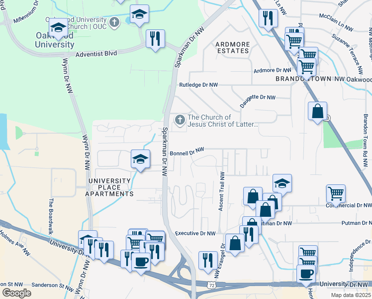 map of restaurants, bars, coffee shops, grocery stores, and more near 4522 Bonnell Drive Northwest in Huntsville