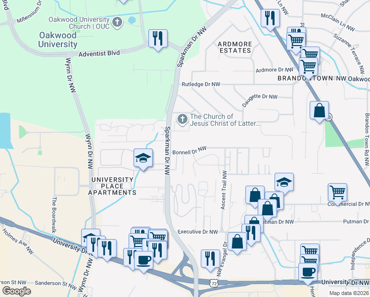 map of restaurants, bars, coffee shops, grocery stores, and more near 4524 Bonnell Drive Northwest in Huntsville