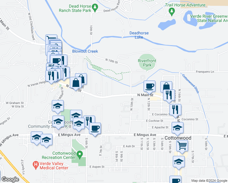 map of restaurants, bars, coffee shops, grocery stores, and more near 611 North 8th Street in Cottonwood