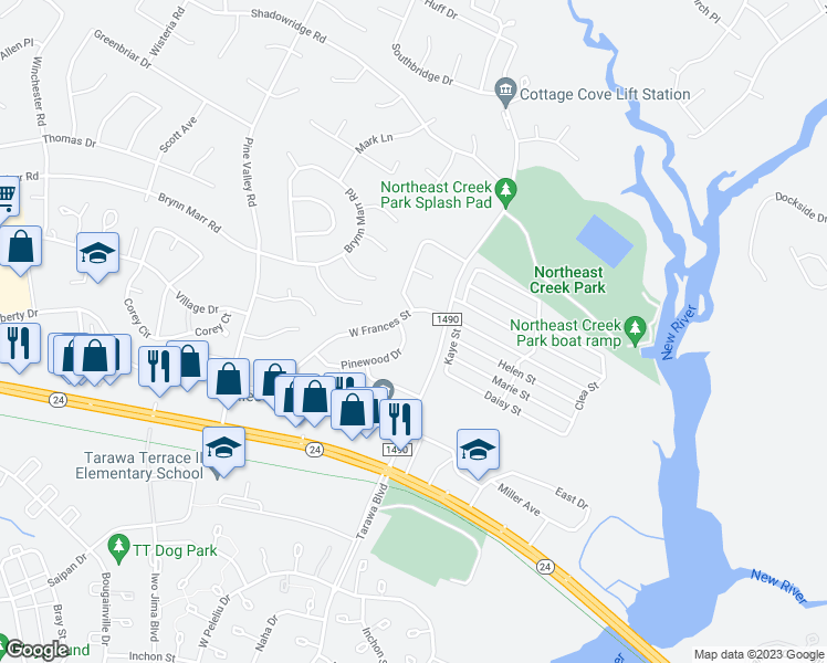 map of restaurants, bars, coffee shops, grocery stores, and more near 780 Pinewood Drive in Jacksonville