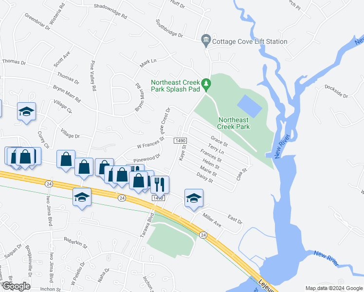 map of restaurants, bars, coffee shops, grocery stores, and more near 523 Kaye Street in Jacksonville