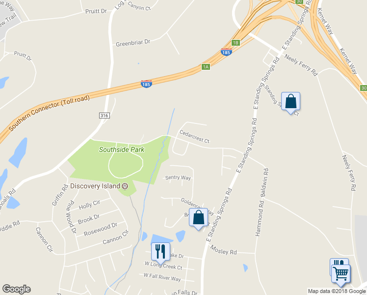 map of restaurants, bars, coffee shops, grocery stores, and more near 27 Baldwin Woods Circle in Simpsonville