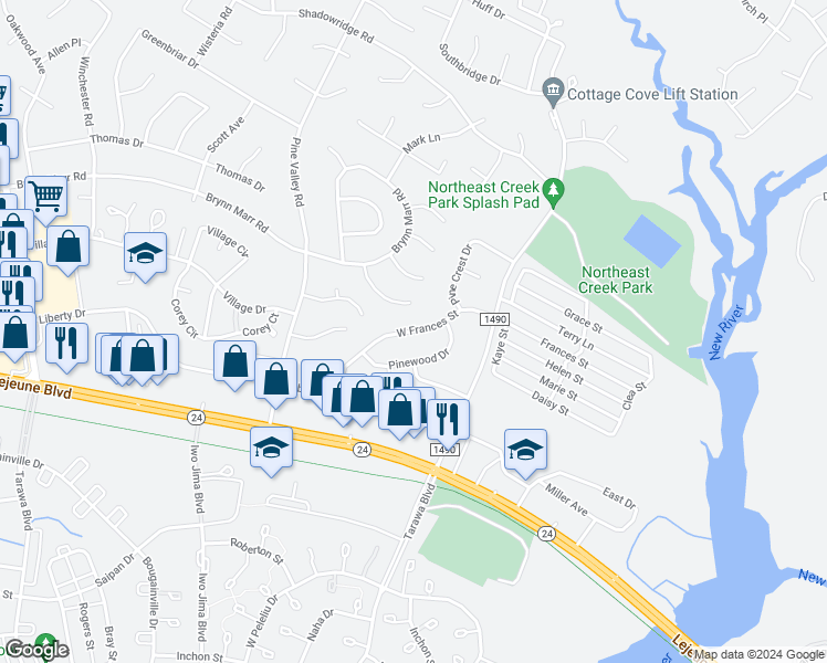 map of restaurants, bars, coffee shops, grocery stores, and more near West Frances Street in Jacksonville