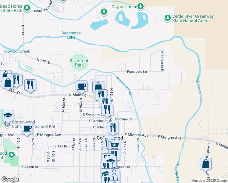 map of restaurants, bars, coffee shops, grocery stores, and more near 1685 Kerley Lane in Cottonwood