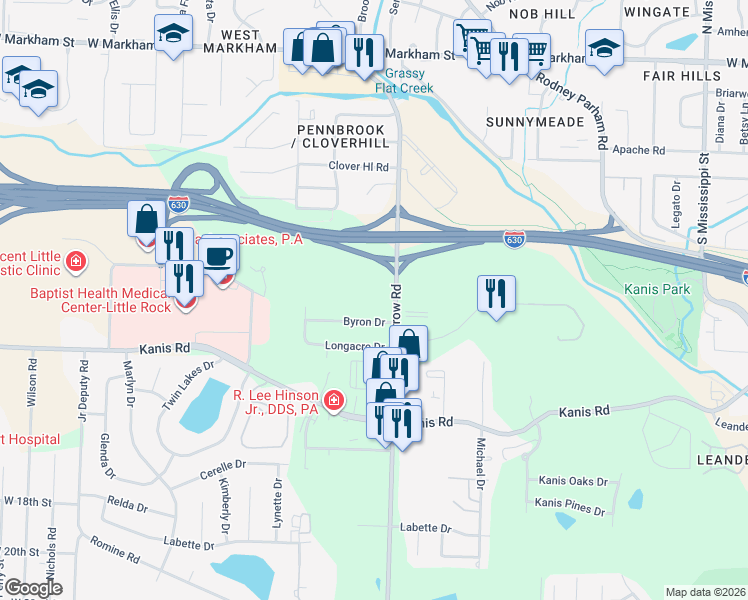map of restaurants, bars, coffee shops, grocery stores, and more near 300 John Barrow Road in Little Rock