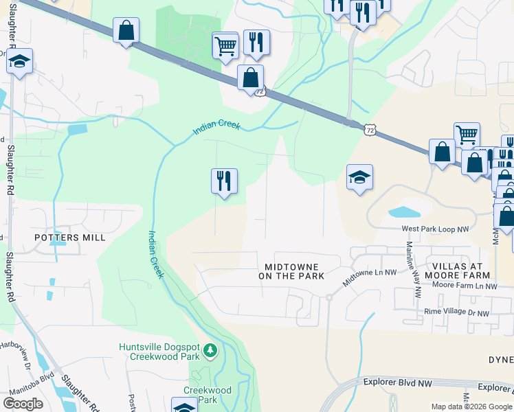 map of restaurants, bars, coffee shops, grocery stores, and more near 179 Country Road Northwest in Huntsville