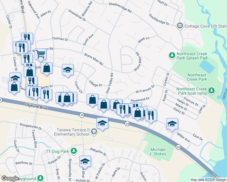 map of restaurants, bars, coffee shops, grocery stores, and more near 187 Meadow Oaks Court in Jacksonville