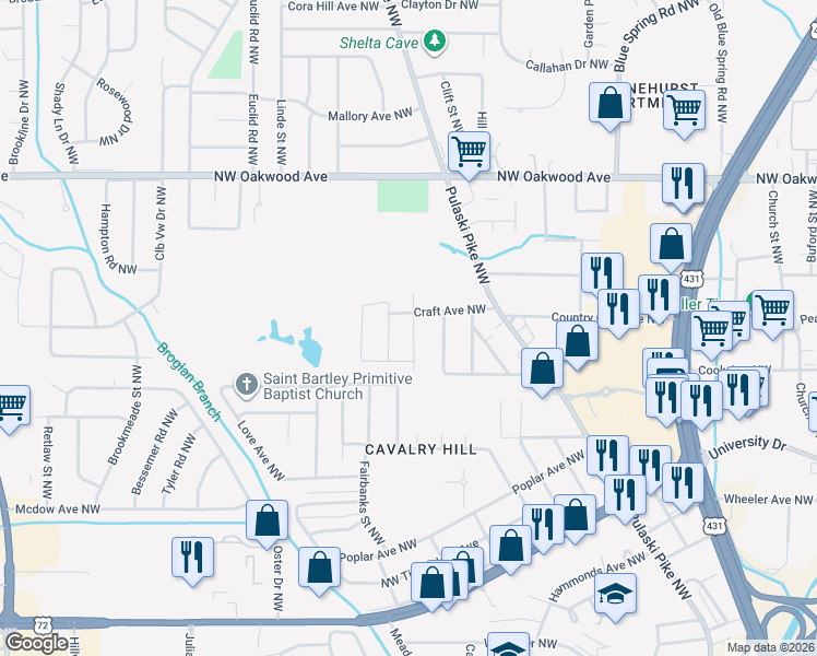 map of restaurants, bars, coffee shops, grocery stores, and more near 1713 Niblick Avenue Northwest in Huntsville