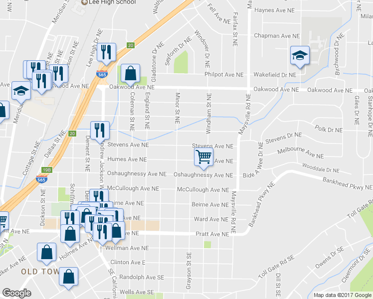 map of restaurants, bars, coffee shops, grocery stores, and more near 1316 Stevens Avenue Northeast in Huntsville