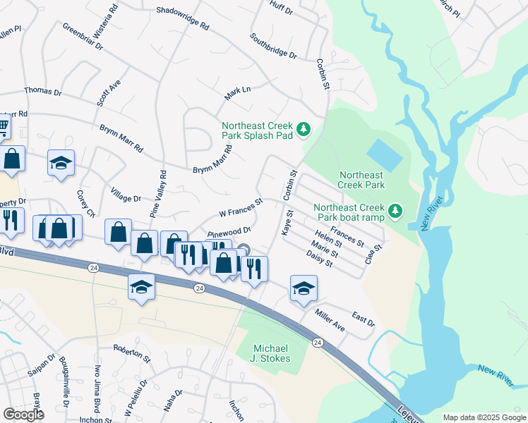 map of restaurants, bars, coffee shops, grocery stores, and more near 780 Pinewood Drive in Jacksonville