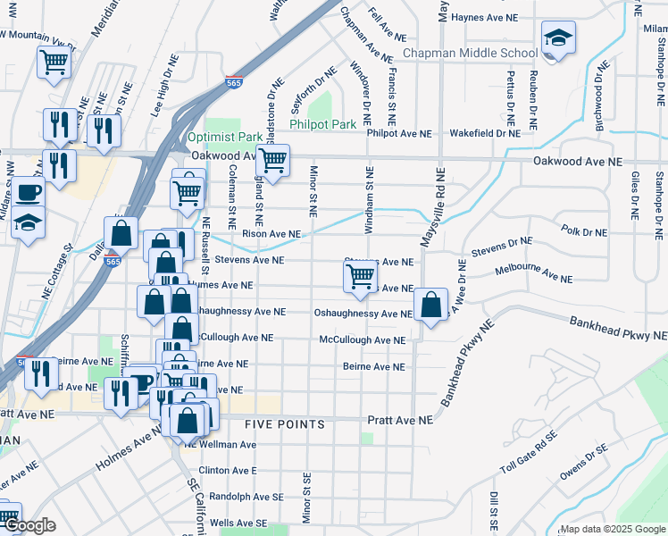 map of restaurants, bars, coffee shops, grocery stores, and more near 1316 Stevens Avenue Northeast in Huntsville