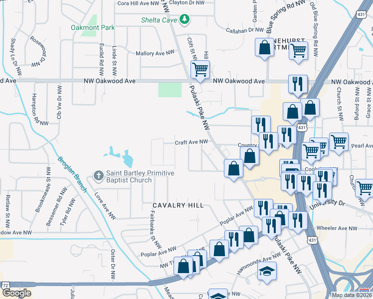 map of restaurants, bars, coffee shops, grocery stores, and more near 1714 Chester Street Northwest in Huntsville