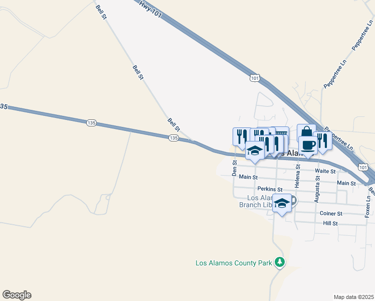 map of restaurants, bars, coffee shops, grocery stores, and more near Highway 135 in Los Alamos