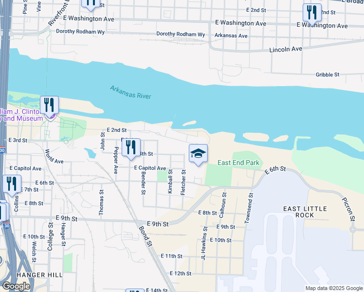 map of restaurants, bars, coffee shops, grocery stores, and more near 314 Fletcher Street in Little Rock