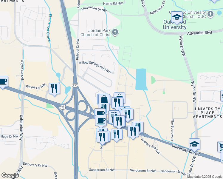 map of restaurants, bars, coffee shops, grocery stores, and more near 1049 Sandy Springs Road Northwest in Huntsville