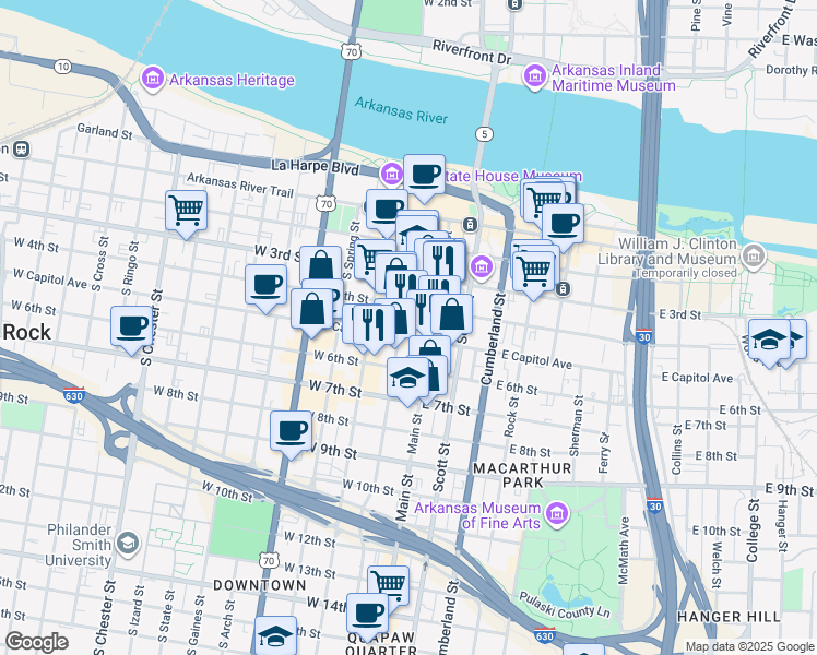 map of restaurants, bars, coffee shops, grocery stores, and more near 200 West Capitol Avenue in Little Rock