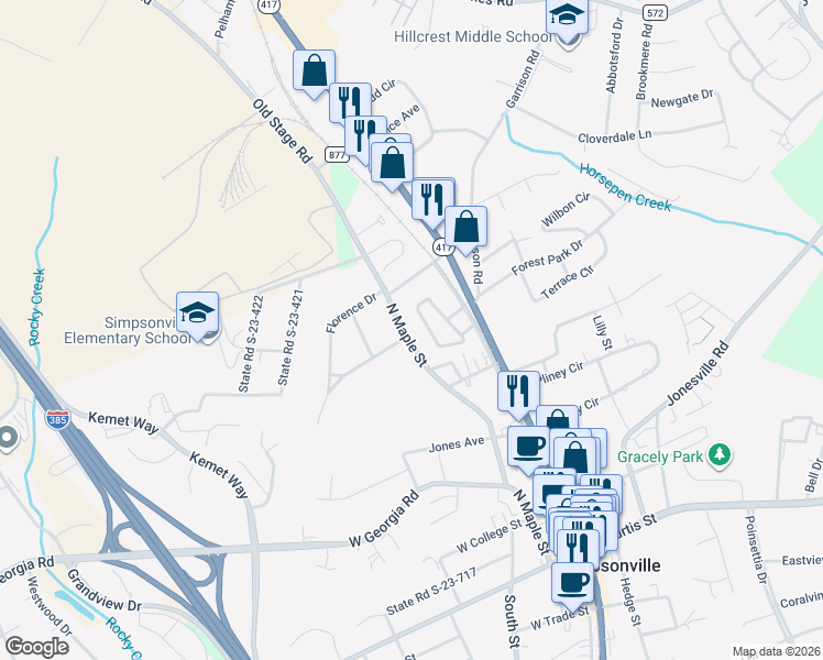 map of restaurants, bars, coffee shops, grocery stores, and more near 610 North Maple Street in Simpsonville