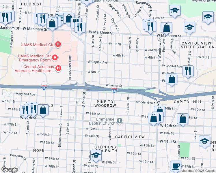 map of restaurants, bars, coffee shops, grocery stores, and more near 725 South Valentine Street in Little Rock