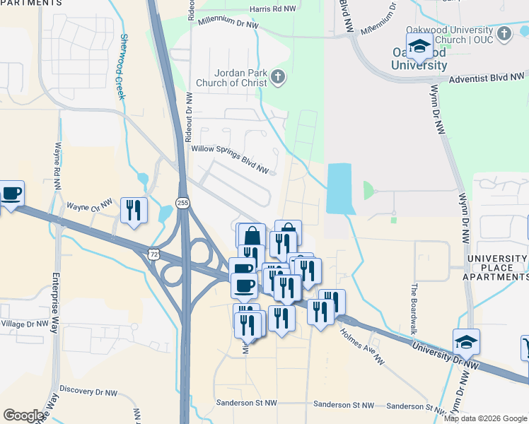 map of restaurants, bars, coffee shops, grocery stores, and more near 1053 Sandy Springs Road Northwest in Huntsville