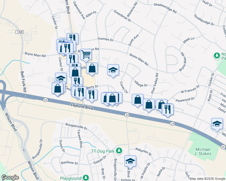 map of restaurants, bars, coffee shops, grocery stores, and more near 106 Ravenwood Drive in Jacksonville