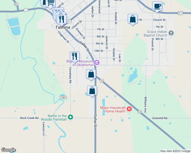 map of restaurants, bars, coffee shops, grocery stores, and more near Oklahoma 63 in Talihina