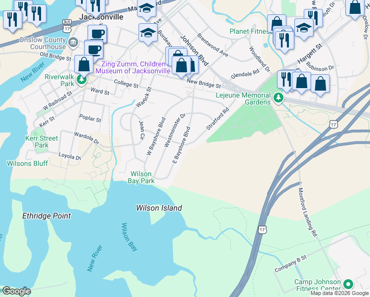map of restaurants, bars, coffee shops, grocery stores, and more near 98 Stratford Road in Jacksonville