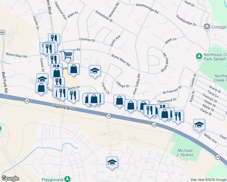 map of restaurants, bars, coffee shops, grocery stores, and more near 166 Corey Circle in Jacksonville