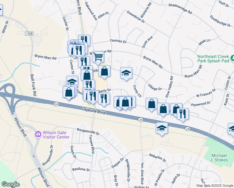 map of restaurants, bars, coffee shops, grocery stores, and more near 1835 Lejeune Boulevard in Jacksonville