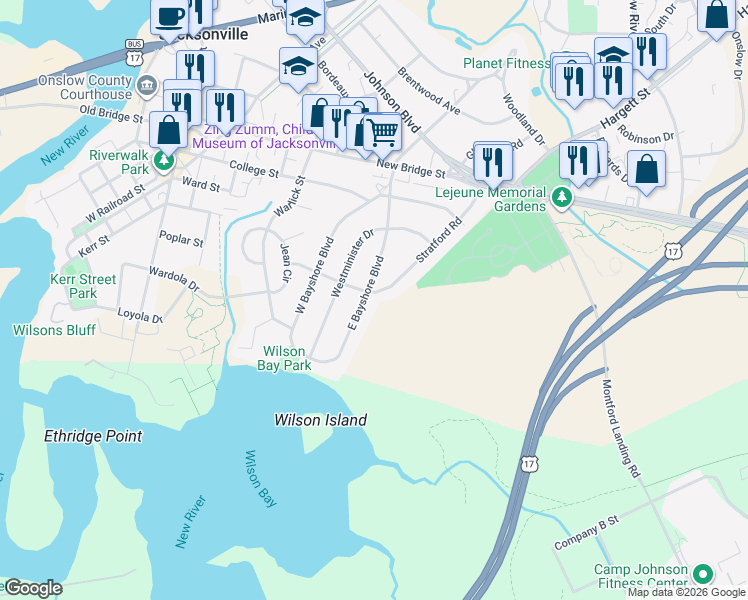 map of restaurants, bars, coffee shops, grocery stores, and more near 98 Stratford Road in Jacksonville