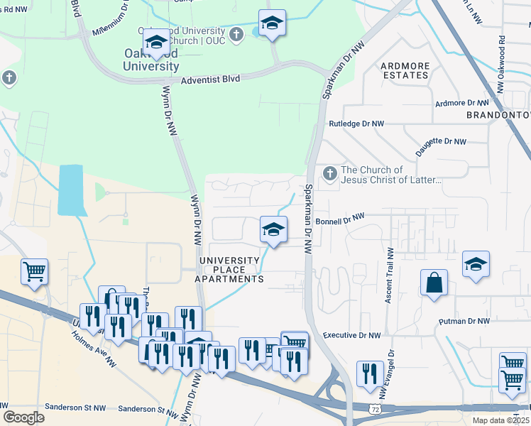 map of restaurants, bars, coffee shops, grocery stores, and more near 4915 Cotton Row Northwest in Huntsville
