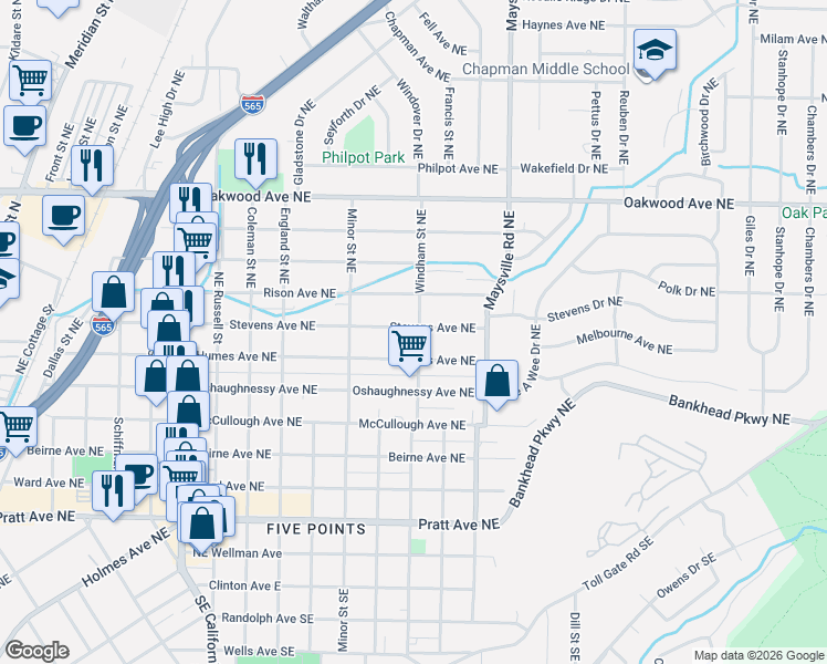 map of restaurants, bars, coffee shops, grocery stores, and more near 1420 Stevens Avenue Northeast in Huntsville