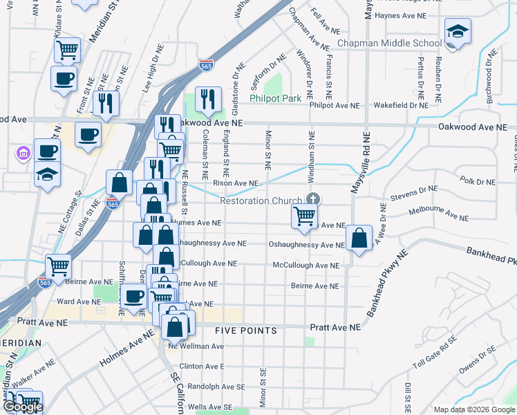 map of restaurants, bars, coffee shops, grocery stores, and more near 1216 Stevens Avenue Northeast in Huntsville