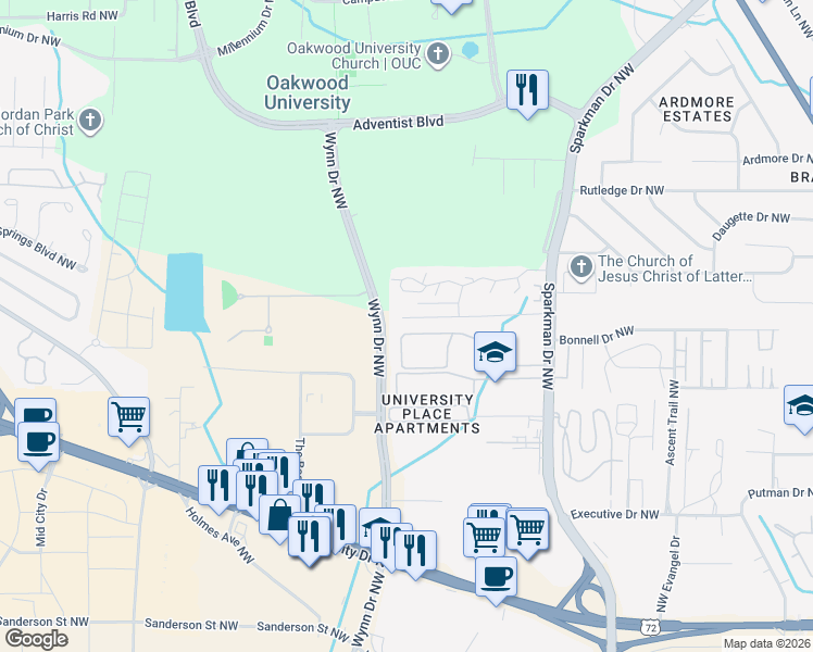 map of restaurants, bars, coffee shops, grocery stores, and more near 4933 Cotton Row Northwest in Huntsville