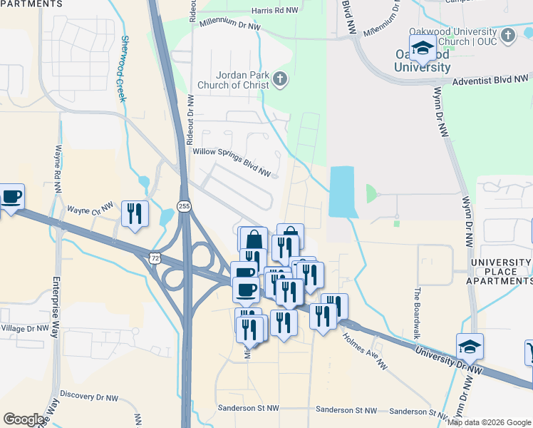 map of restaurants, bars, coffee shops, grocery stores, and more near 1053 Sandy Springs Road Northwest in Huntsville