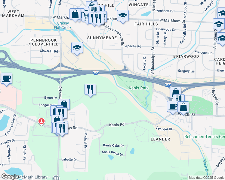 map of restaurants, bars, coffee shops, grocery stores, and more near 8700 Riley Drive in Little Rock