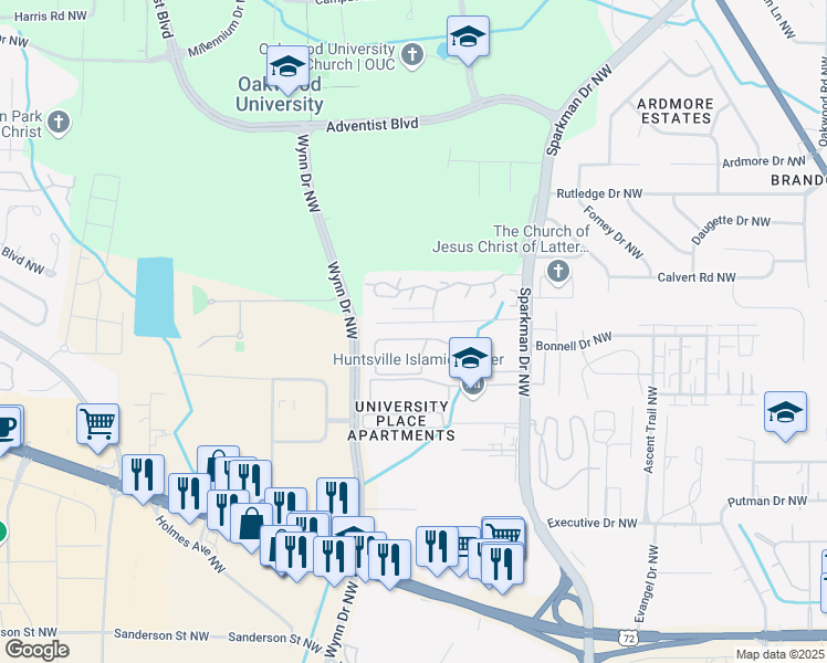 map of restaurants, bars, coffee shops, grocery stores, and more near 4925 Cotton Row Northwest in Huntsville