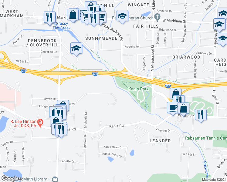 map of restaurants, bars, coffee shops, grocery stores, and more near 8700 Riley Dr in Little Rock