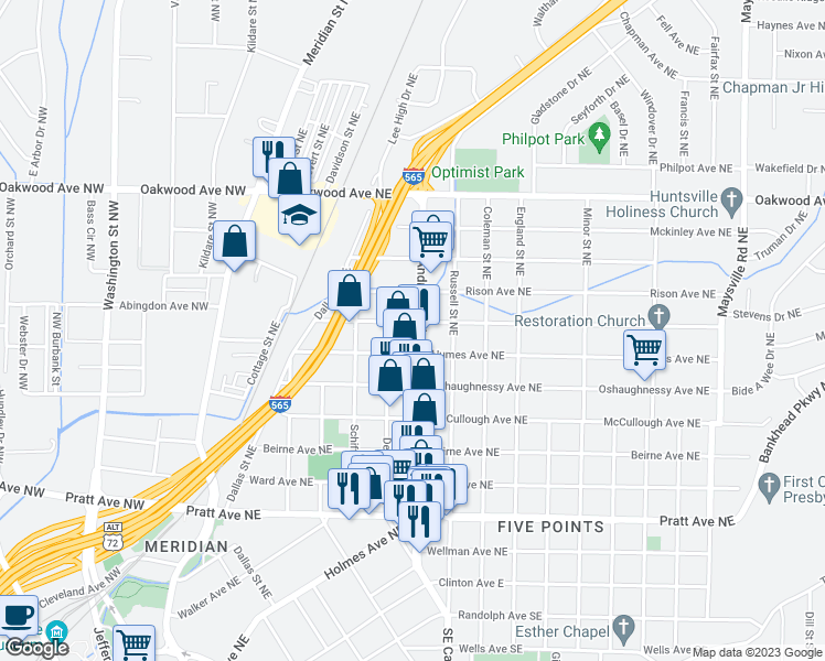 map of restaurants, bars, coffee shops, grocery stores, and more near 616 Stevens Ave NE in Huntsville