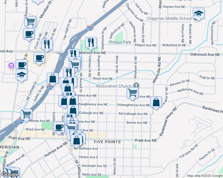 map of restaurants, bars, coffee shops, grocery stores, and more near 1216 Stevens Avenue Northeast in Huntsville