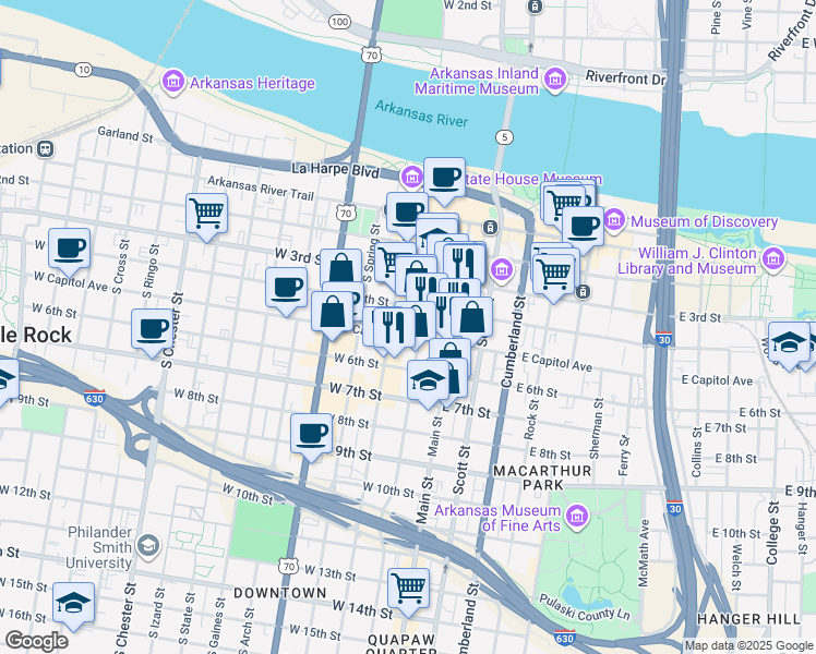 map of restaurants, bars, coffee shops, grocery stores, and more near 200 West Capitol Avenue in Little Rock