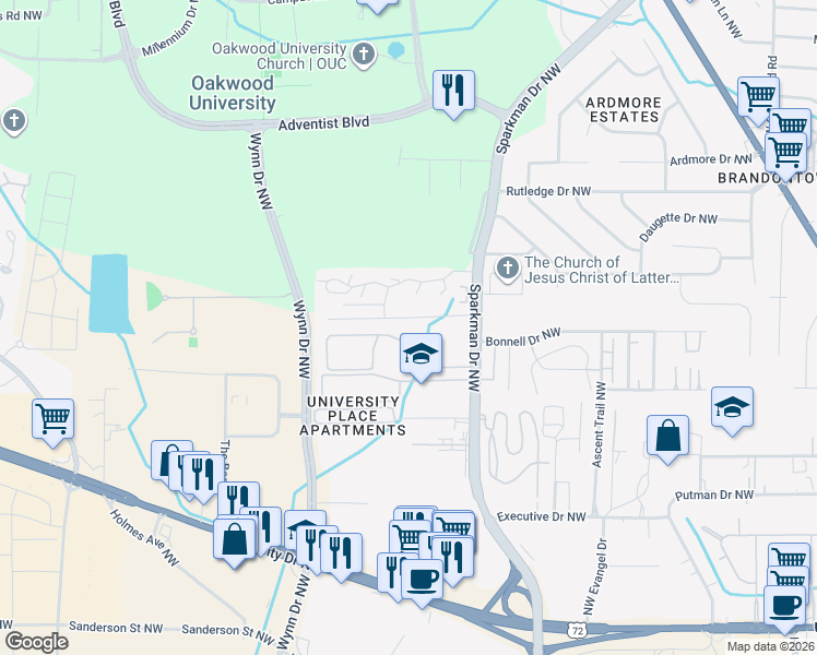 map of restaurants, bars, coffee shops, grocery stores, and more near 4915 Cotton Row Northwest in Huntsville