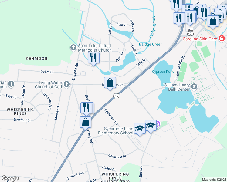 map of restaurants, bars, coffee shops, grocery stores, and more near 401 U.S. 15 in McColl