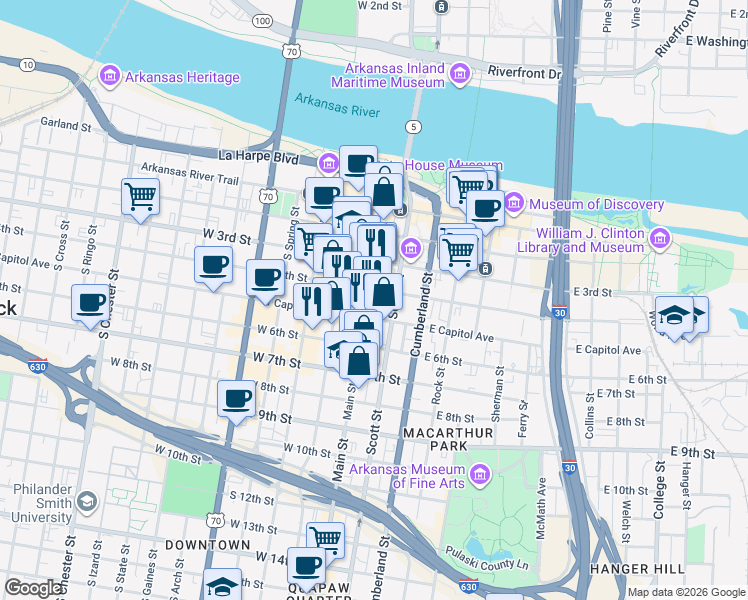 map of restaurants, bars, coffee shops, grocery stores, and more near 407 South Main Street in Little Rock