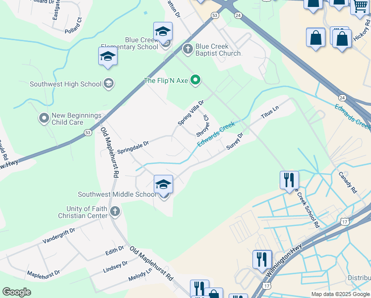 map of restaurants, bars, coffee shops, grocery stores, and more near 1116 Springdale Drive in Jacksonville