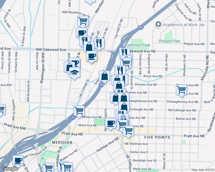 map of restaurants, bars, coffee shops, grocery stores, and more near 506 Stevens Avenue Northeast in Huntsville