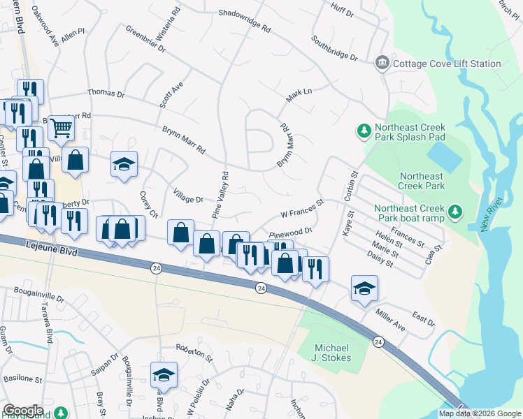 map of restaurants, bars, coffee shops, grocery stores, and more near 343 West Frances Street in Jacksonville