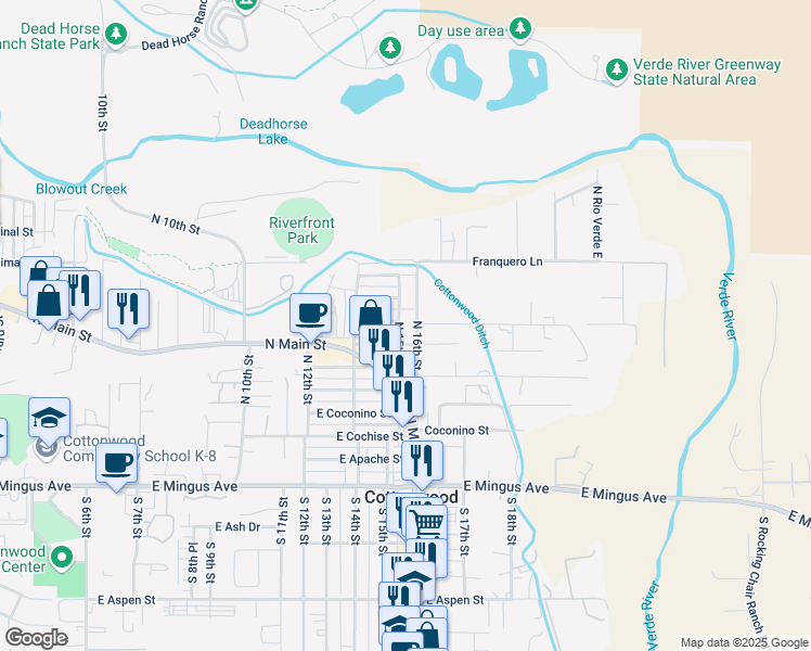 map of restaurants, bars, coffee shops, grocery stores, and more near 1685 Kerley Lane in Cottonwood