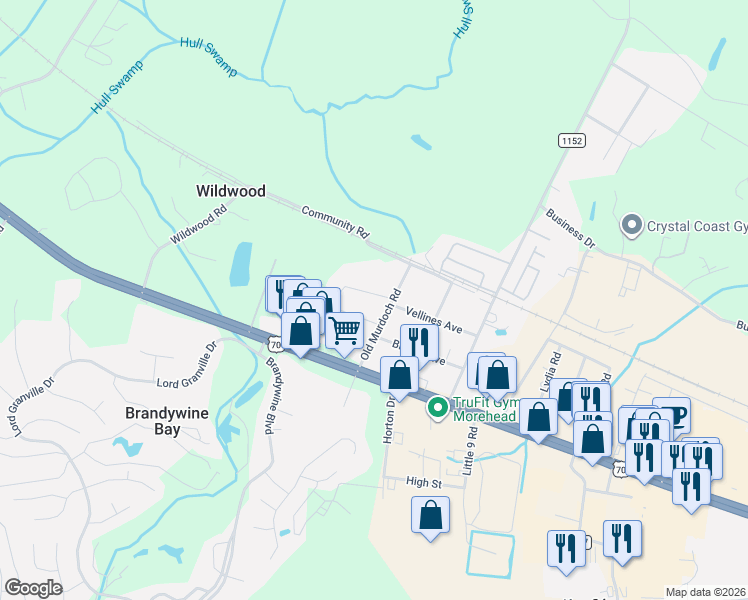 map of restaurants, bars, coffee shops, grocery stores, and more near 175 Old Murdoch Road in Newport