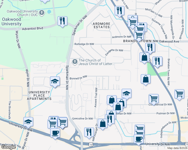 map of restaurants, bars, coffee shops, grocery stores, and more near 4502 Bonnell Drive Northwest in Huntsville