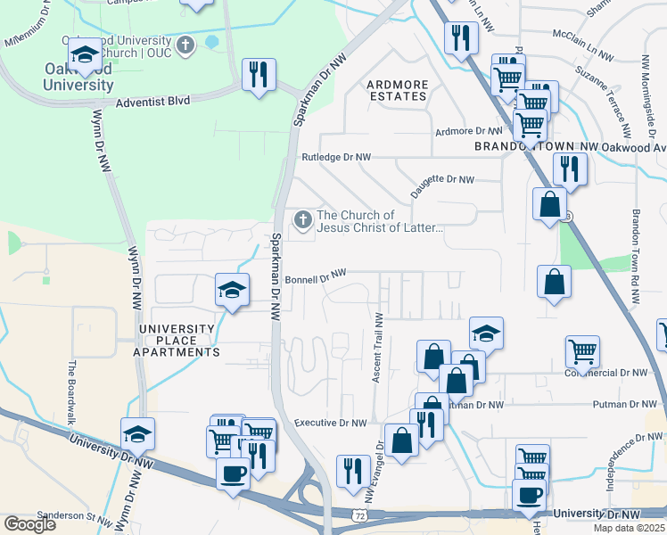 map of restaurants, bars, coffee shops, grocery stores, and more near 4514 Bonnell Drive Northwest in Huntsville